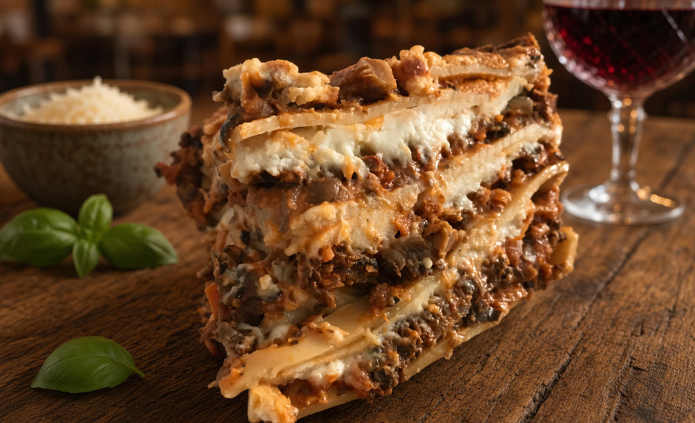 Pointe de lasagne fungi gourmande montrant ses étages de ragù de champignons, de béchamel et de fromage gratiné.